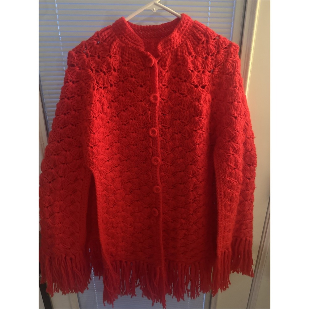 Vintage Ladies' Handmade Crochet Red Cape With Fringe 1970's